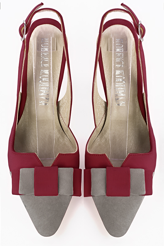 Dove grey and burgundy red women's open back shoes, with a knot. Tapered toe. High slim heel. Top view - Florence KOOIJMAN